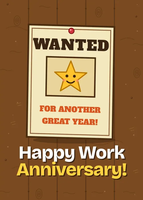 Animated wanted poster with a gold star on a wooden board reading Happy Work Anniversary