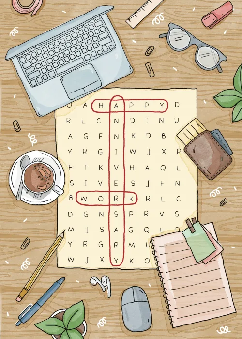 Illustrated desk flat lay with a word search puzzle spelling Happy Work Anniversary in red circles