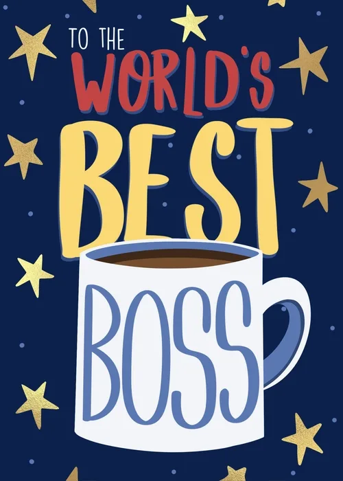 Navy card with a hand-drawn coffee mug reading to the world's best boss