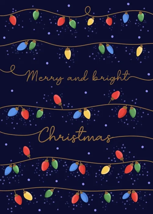 Colorful fairy lights on a dark blue background with merry and bright Christmas text
