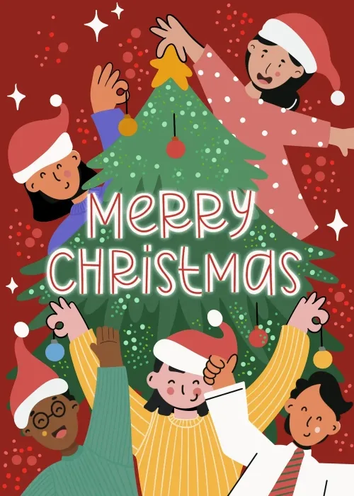 Diverse group of people in Santa hats decorating a Christmas tree on a red background