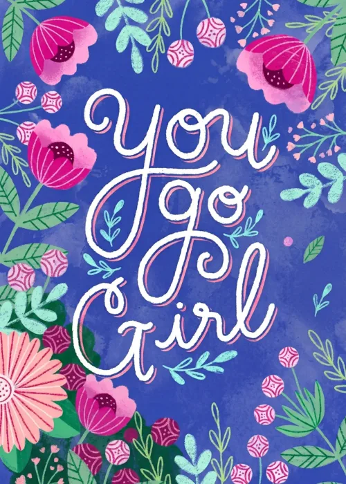 Congratulations card with white script lettering on cobalt blue framed by bright pink flowers