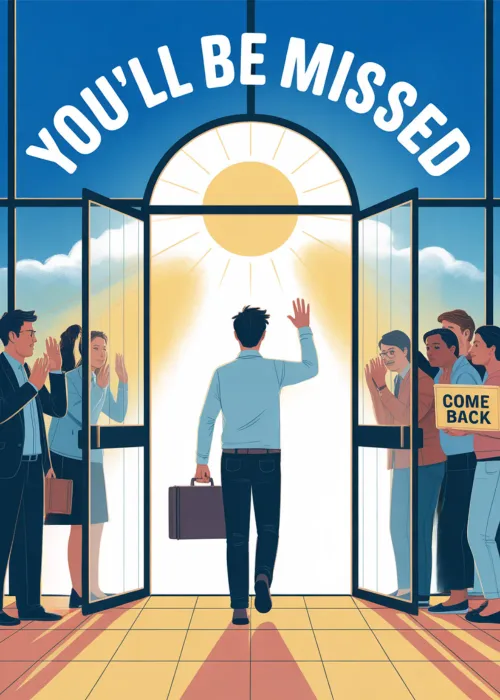 A person walking out of a bright office door with the text You'll Be Missed.
