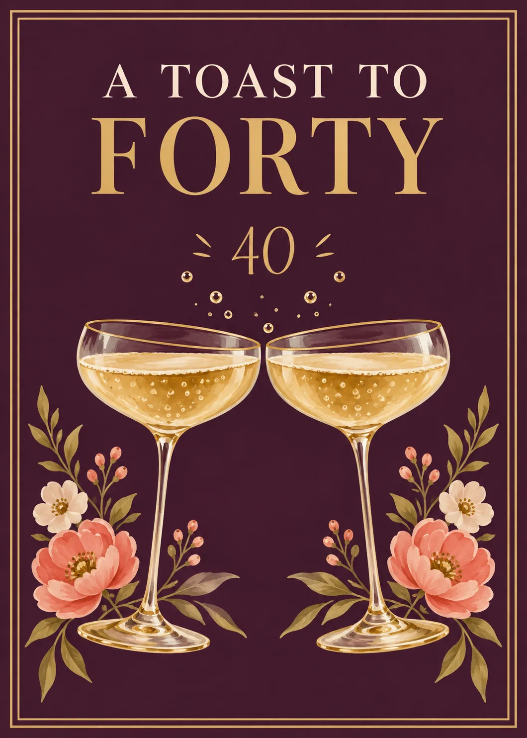 Two champagne coupes clinking on burgundy with gold text a toast to forty and small flowers