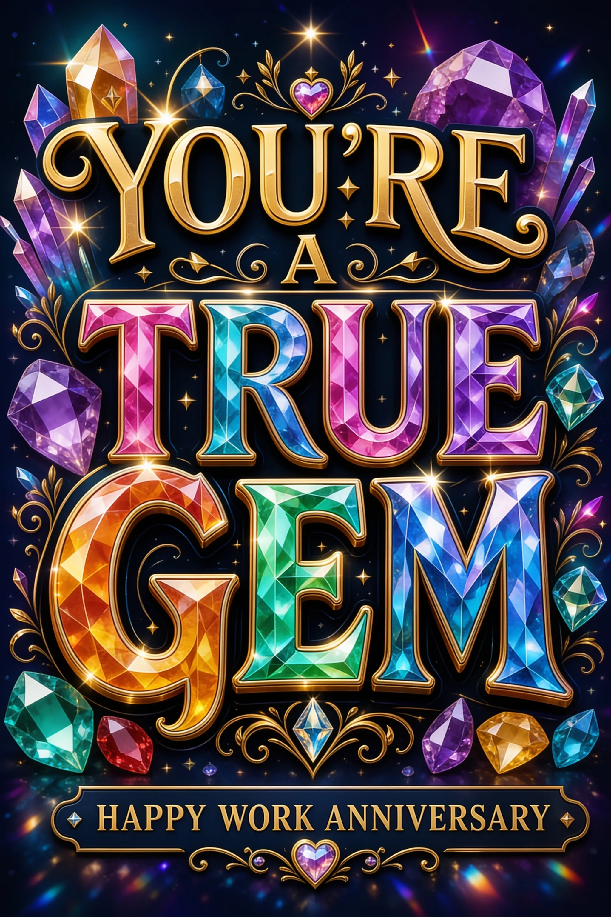 Jeweled gemstone lettering reading You're A True Gem with Happy Work Anniversary banner