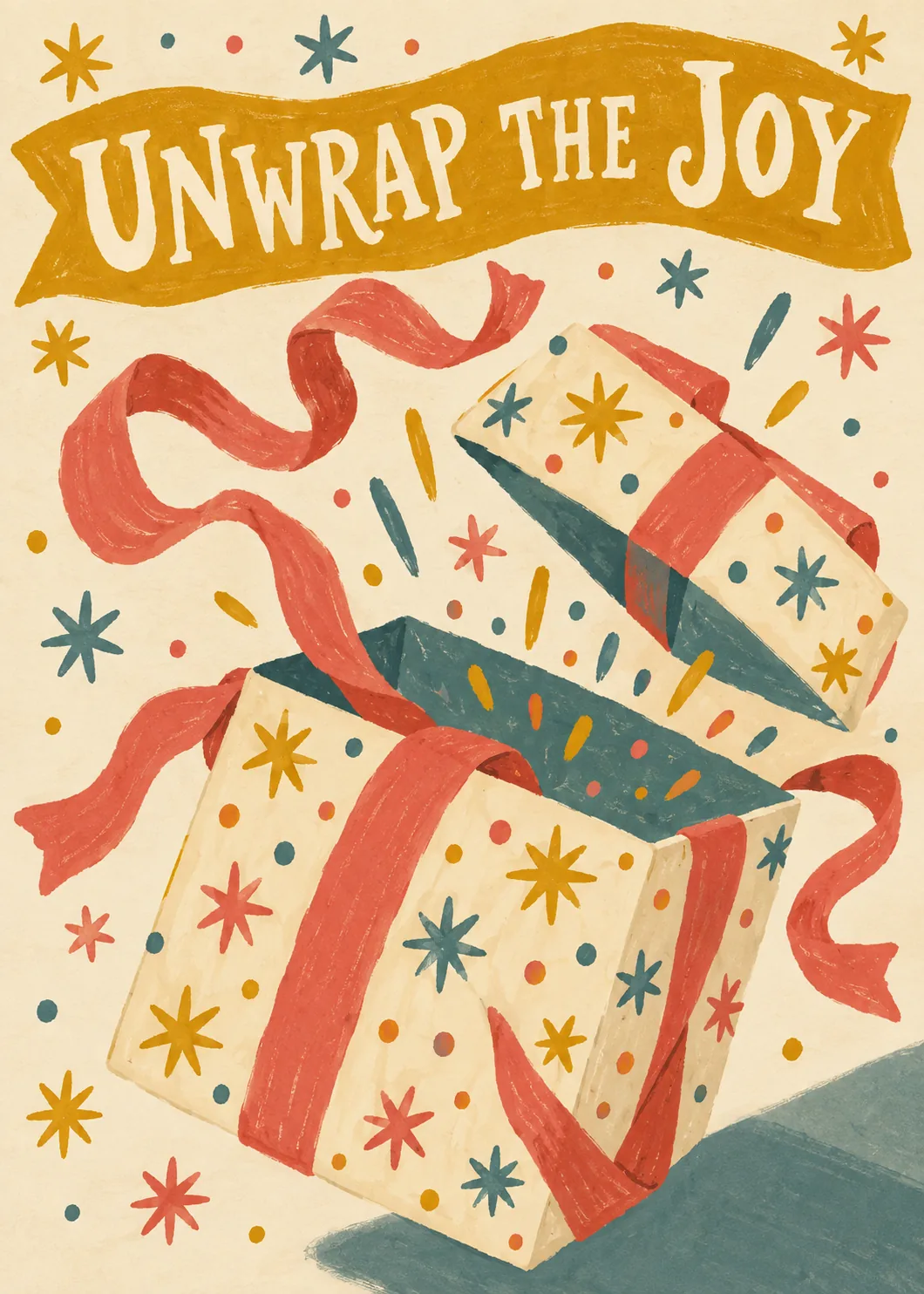 Open gift with coral ribbons and scattered stars on cream under mustard banner text unwrap the joy