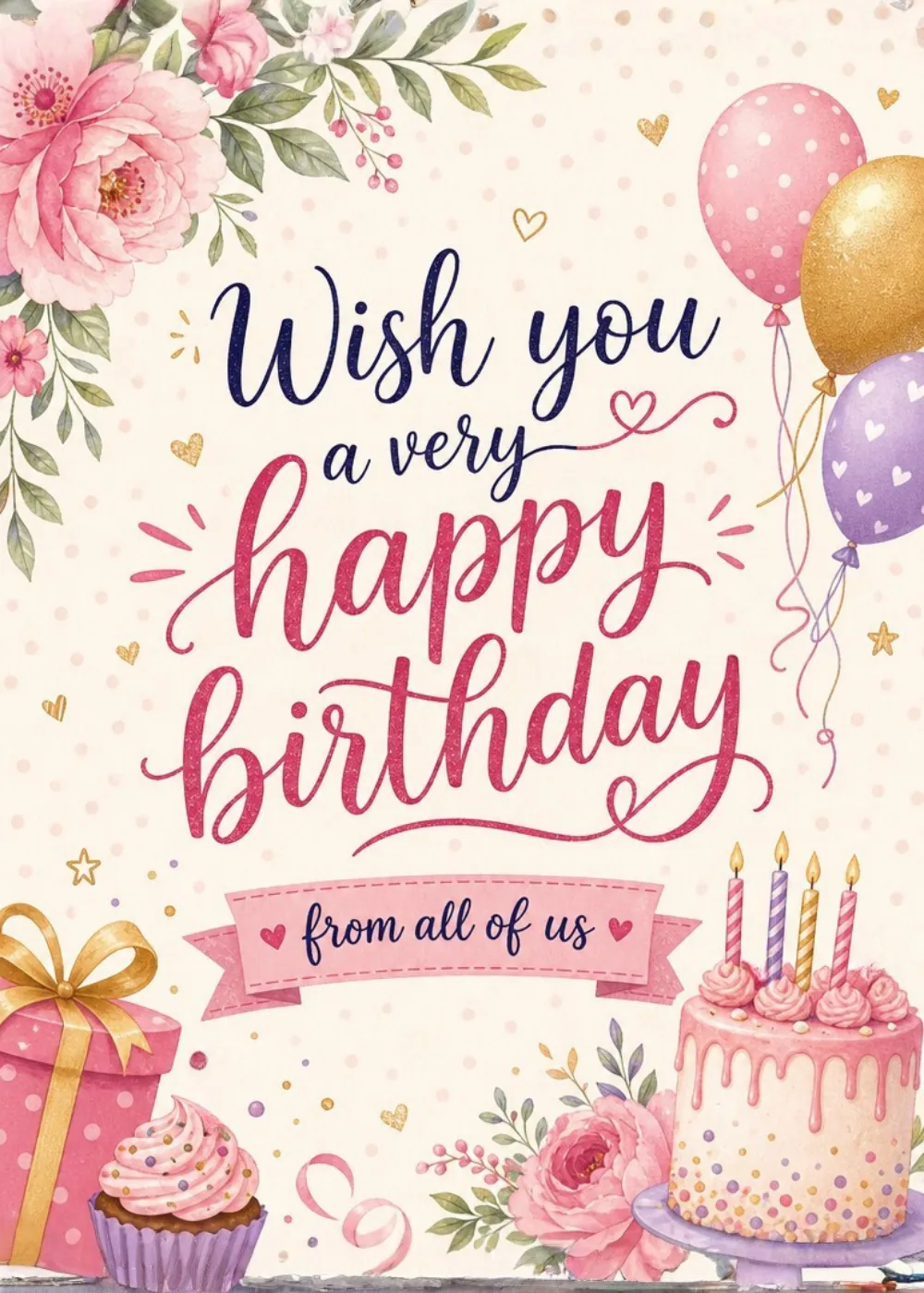 Watercolor roses, balloons, and cake around script wishing a very happy birthday from all of us