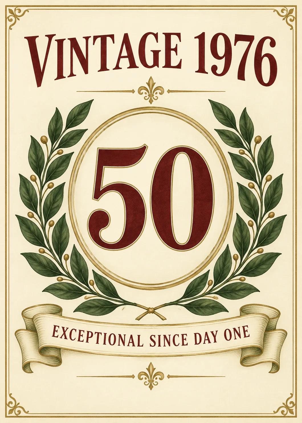 Number 50 in a laurel wreath with text vintage 1976 and exceptional since day one on cream