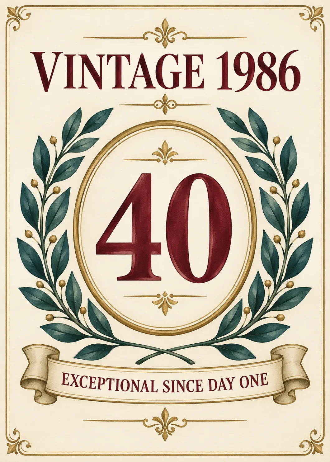 Number 40 in a green laurel wreath with text vintage 1986 and exceptional since day one on cream Number 40 in a green laurel wreath with text vintage 1986 and exceptional since day one on cream