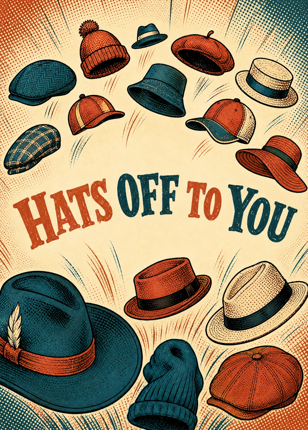 Vintage hats in rust and teal arranged in an arc above bold Hats Off To You lettering Vintage hats in rust and teal arranged in an arc above bold Hats Off To You lettering