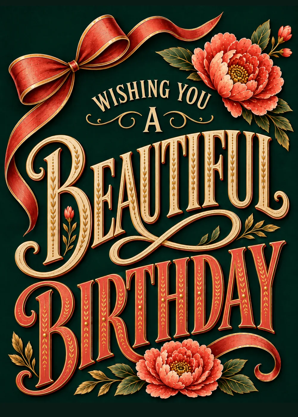 Ornate vintage gold and coral birthday lettering with a red satin bow and peonies on deep green