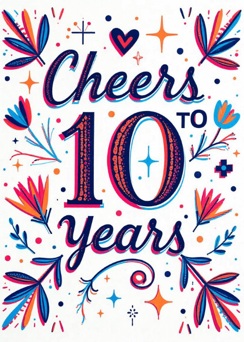Bold illustrated 10-year work anniversary group card making the decade milestone the centerpiece of the design