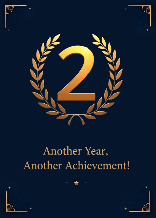 Illustrated 2-year work anniversary milestone card with warm celebratory design marking a second year at the company