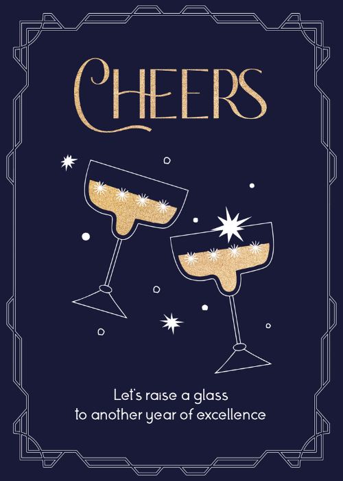 Elegant black and gold work anniversary card with bold Cheers to Excellence typography in a premium refined design