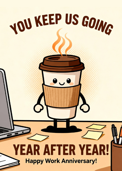 Cute cartoon coffee cup character with a smiling face on an office desk beside a laptop and sticky notes with text reading You Keep Us Going Year After Year Happy Work Anniversary
