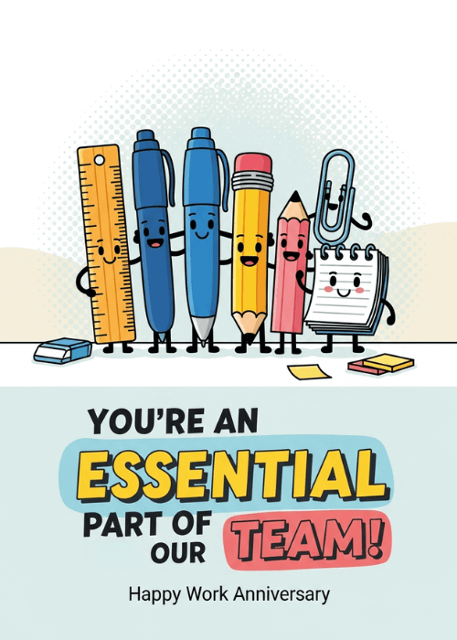 Cute cartoon office supply characters including a ruler, pen, marker, pencil, and paperclip with smiling faces and You are an Essential Part of Our Team Happy Work Anniversary text