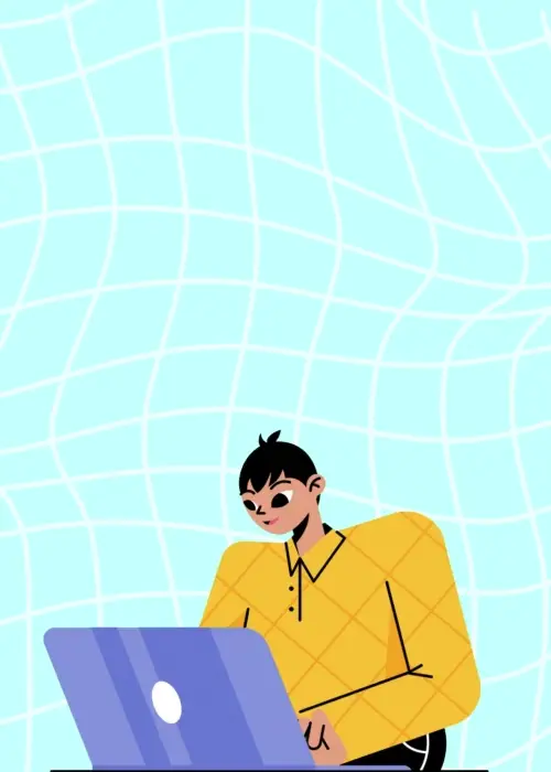 Light mint-blue grid background with an illustrated person in a yellow sweater working on a blue laptop, with "Happy Work Anniversary!" in bold black script above and a golden badge reading "to the best part of our team" below