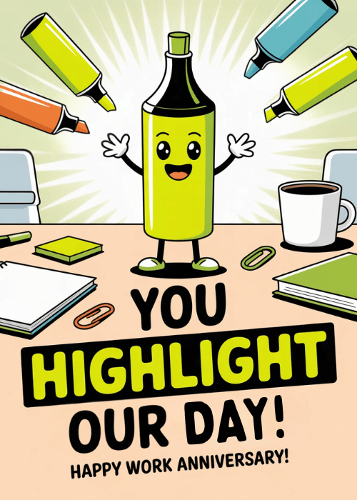 Cartoon yellow highlighter character with a smiling face at an office desk surrounded by flying highlighters with You Highlight Our Day Happy Work Anniversary text