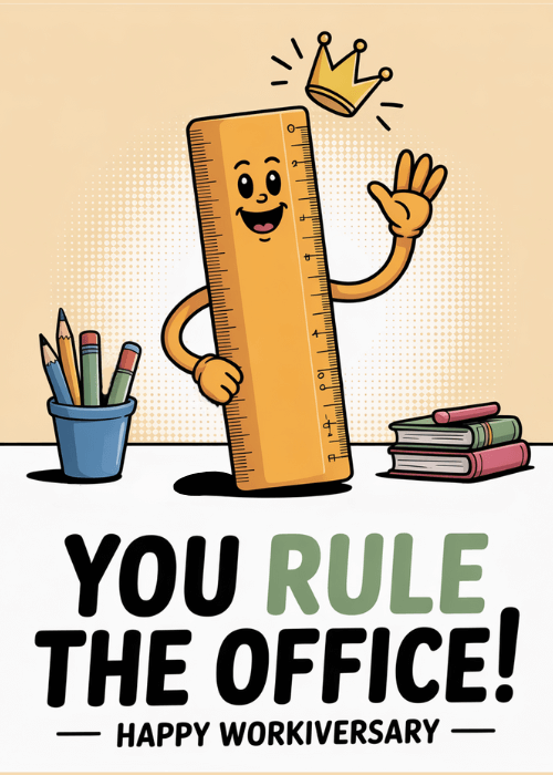 Cartoon ruler character wearing a gold crown and waving with stacked books and a pencil cup on a light yellow halftone background with bold text reading You Rule The Office Happy Workiversary