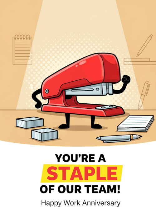 Large red cartoon stapler character flexing its arm in a spotlight surrounded by paper stacks and a pencil with text reading You Are A Staple Of Our Team Happy Work Anniversary on a beige background