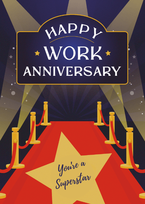 Bold illustrated work anniversary card with a superstar theme in vibrant energetic colors celebrating an office MVP