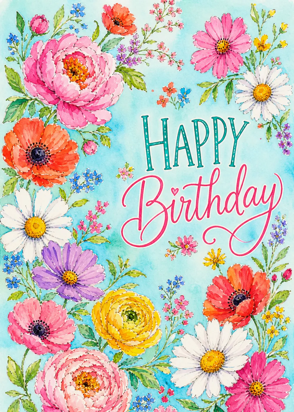 Watercolor wildflowers in pink, coral and white framing Happy Birthday lettering on soft blue