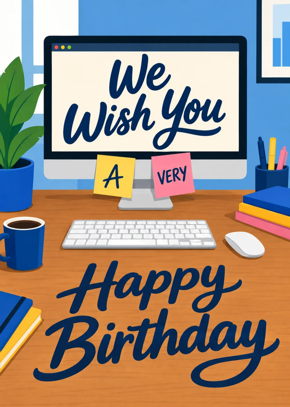 Office desk scene with a monitor reading We Wish You A Very Happy Birthday and sticky notes