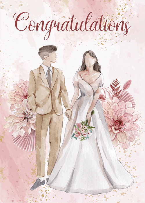Wedding congratulations card with elegant illustrated floral design and graceful flowing script congratulating the couple on their wedding day with heartfelt warm wishes