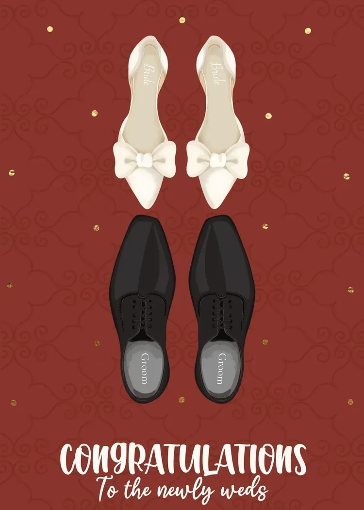 Animated illustration of white bridal bow heels and black groom dress shoes on a maroon background with gold dots and Congratulations to the Newly Weds text