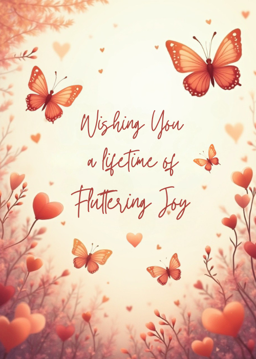 Dreamy blush wedding card with monarch butterflies, floating hearts, and bare branches with 'Fluttering Joy' text