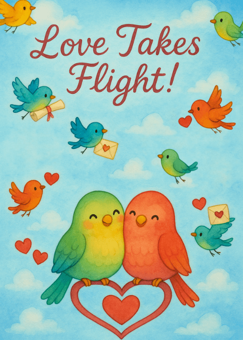Colorful watercolor wedding card with two lovebirds perched on a heart surrounded by flying birds carrying love letters; text reads Love Takes Flight on a sky blue background