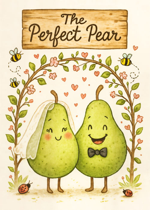 Watercolor illustrated wedding card with two smiling pear characters dressed as a bride and groom standing under a floral arch; rustic wood sign at top reads The Perfect Pear