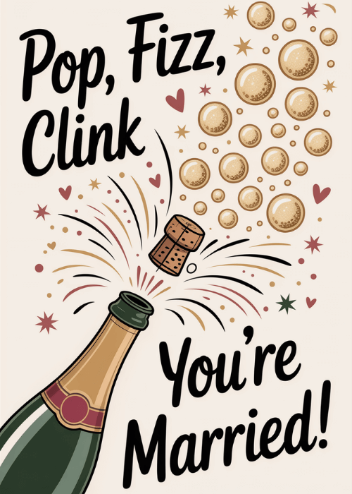 Wedding card with illustrated champagne bottle and glasses and bold Pop Fizz Clink You're Married text in a celebratory style