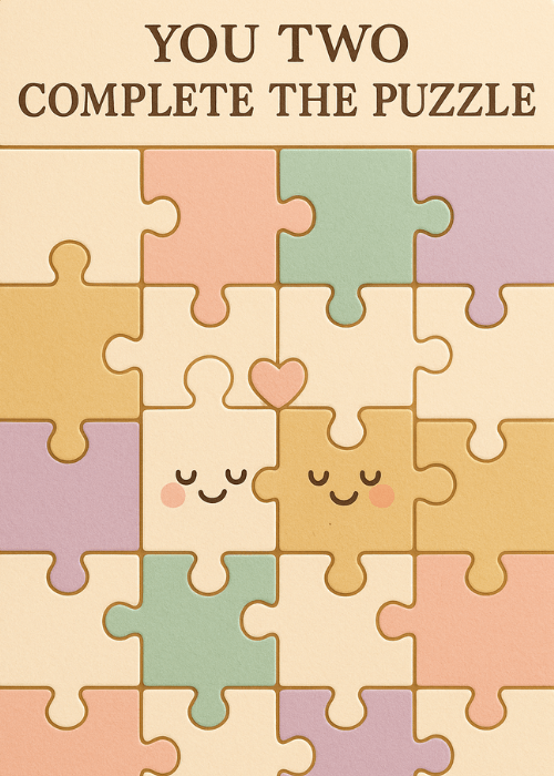 Cute wedding card with a full grid of interlocking pastel puzzle pieces; two center pieces have kawaii smiling faces and a heart; text reads You Two Complete the Puzzle