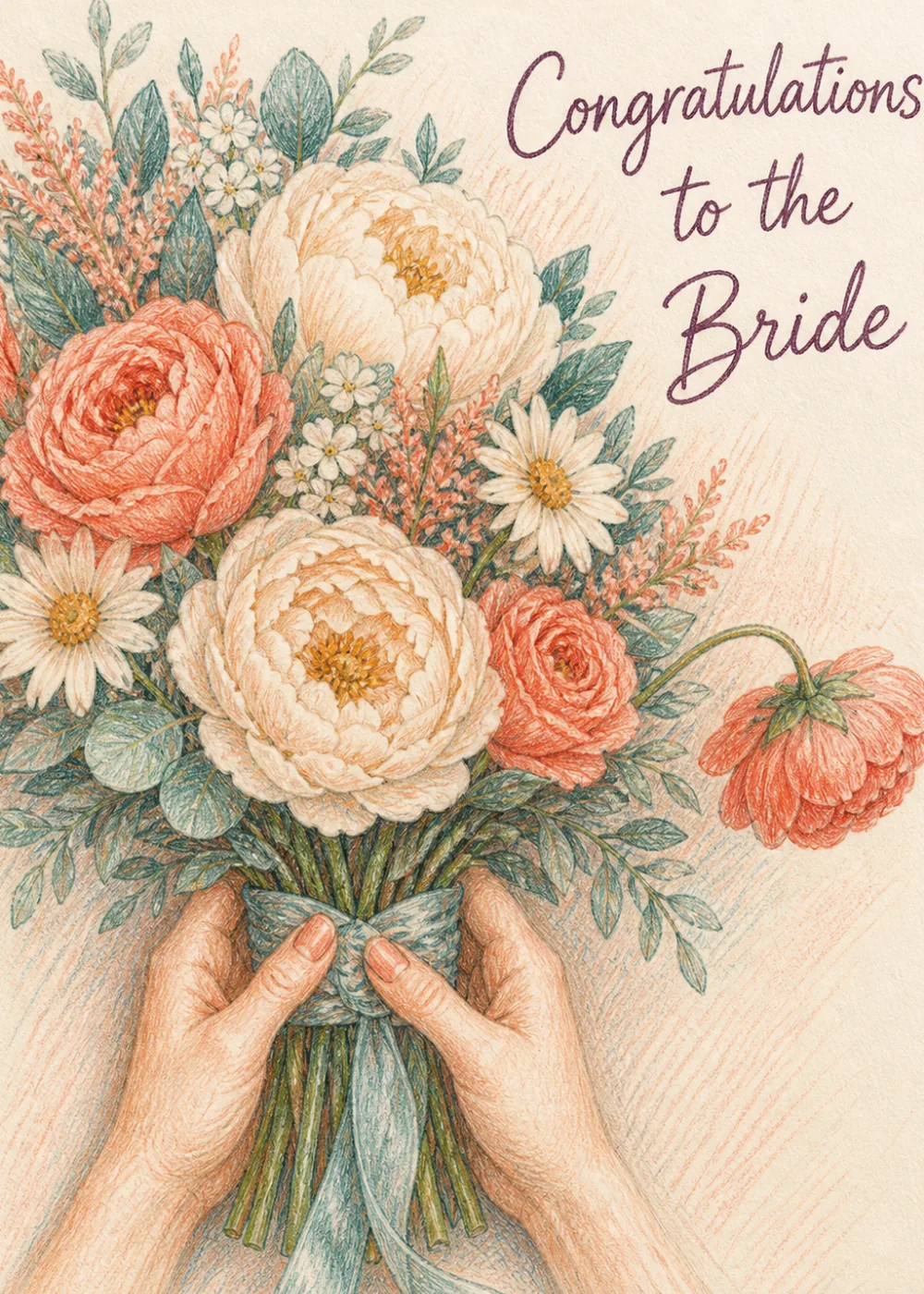 Hands cradling a bouquet of peach roses and cream peonies beside Congratulations to the Bride script Hands cradling a bouquet of peach roses and cream peonies beside Congratulations to the Bride script
