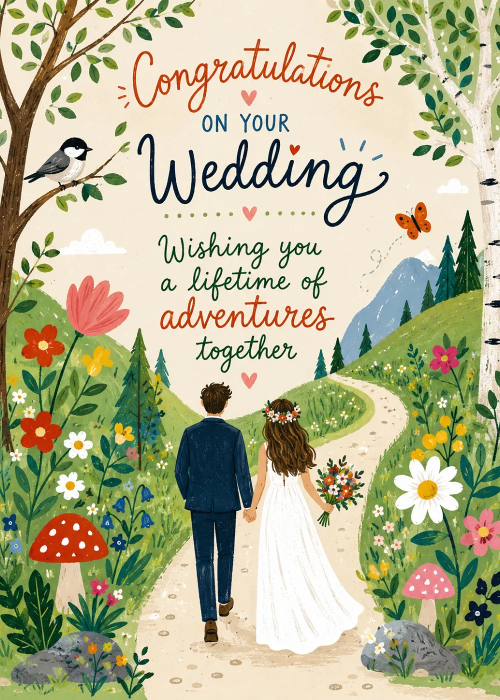Bride and groom walking down a wildflower path through a countryside, wedding congratulations card