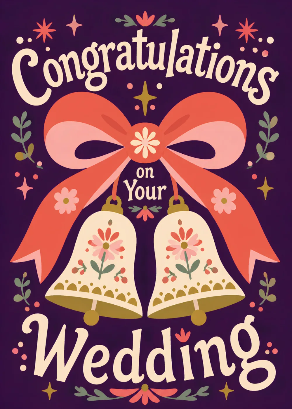 Coral bow and ribbon above two floral wedding bells on a deep plum background Coral bow and ribbon above two floral wedding bells on a deep plum background