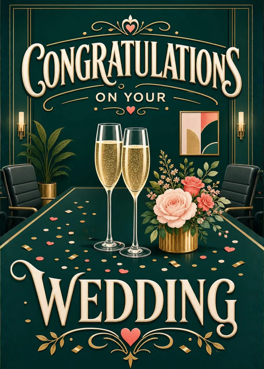 Two champagne glasses and pink roses on an elegant emerald green wedding backdrop