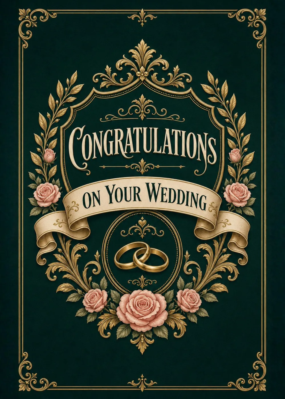 Emerald wedding congratulations card with gold filigree and blush roses around linked rings Emerald wedding congratulations card with gold filigree and blush roses around linked rings