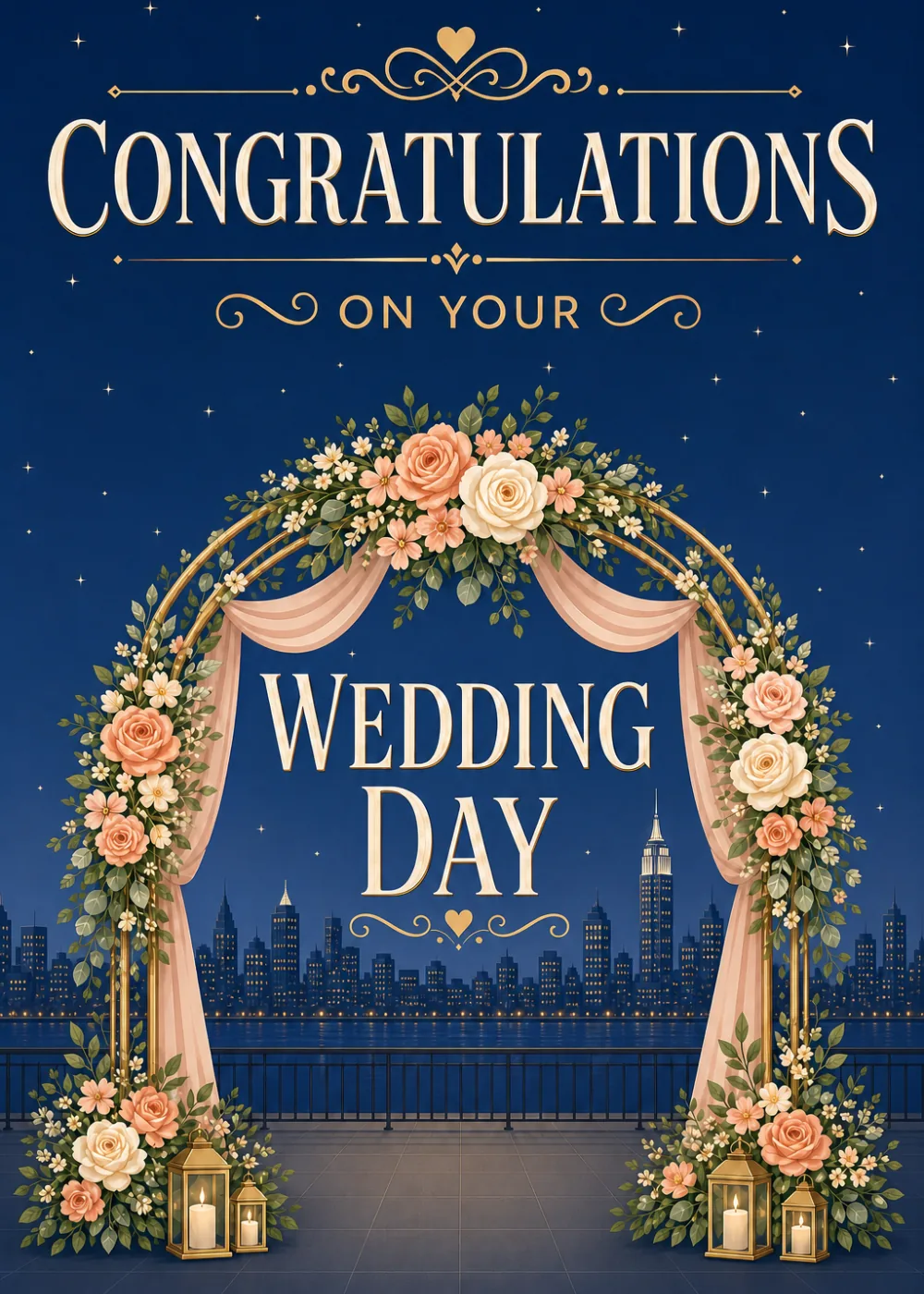 Golden floral arch with lanterns framing a starlit city skyline for a wedding day Golden floral arch with lanterns framing a starlit city skyline for a wedding day