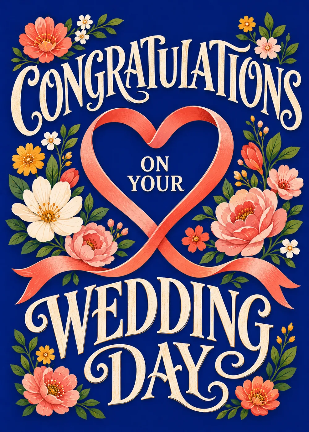 Coral ribbon shaped into a heart surrounded by painted florals on navy Coral ribbon shaped into a heart surrounded by painted florals on navy
