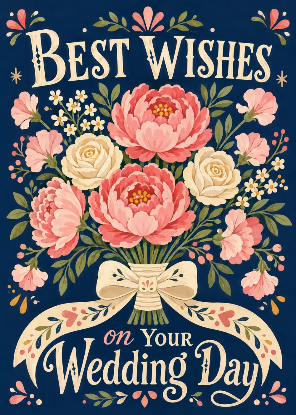 A folk art bouquet of peonies and roses tied with ribbon on a navy background, Best Wishes on Your Wedding Day A folk art bouquet of peonies and roses tied with ribbon on a navy background, Best Wishes on Your Wedding Day