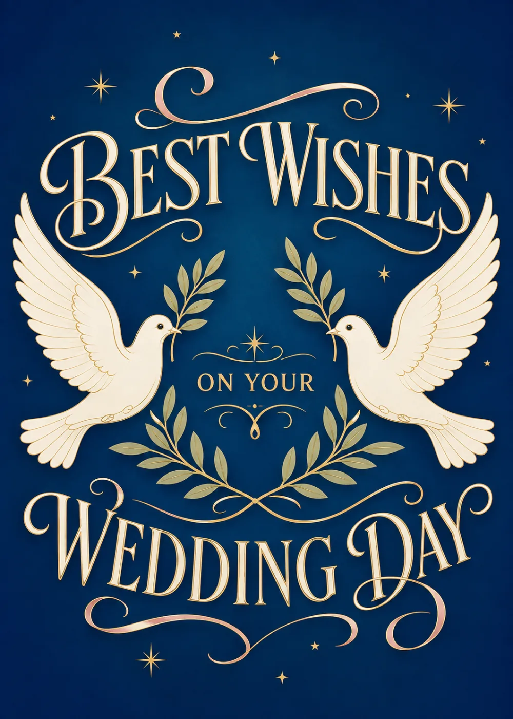 Navy wedding card with golden doves carrying olive branches and script lettering Navy wedding card with golden doves carrying olive branches and script lettering