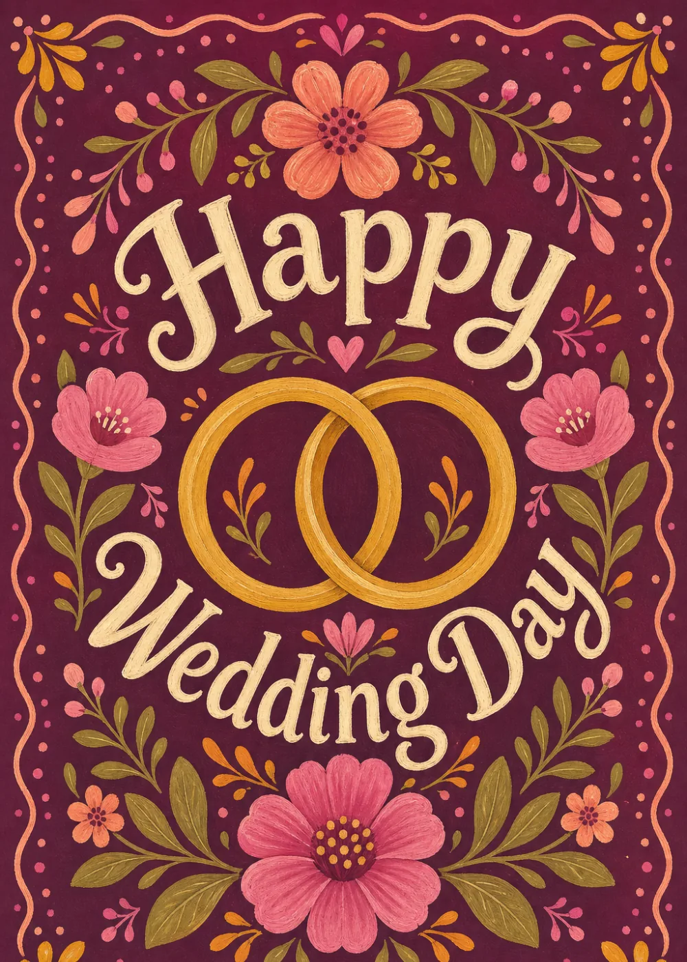 Interlocking gold wedding rings surrounded by hand-painted folk florals on deep plum
