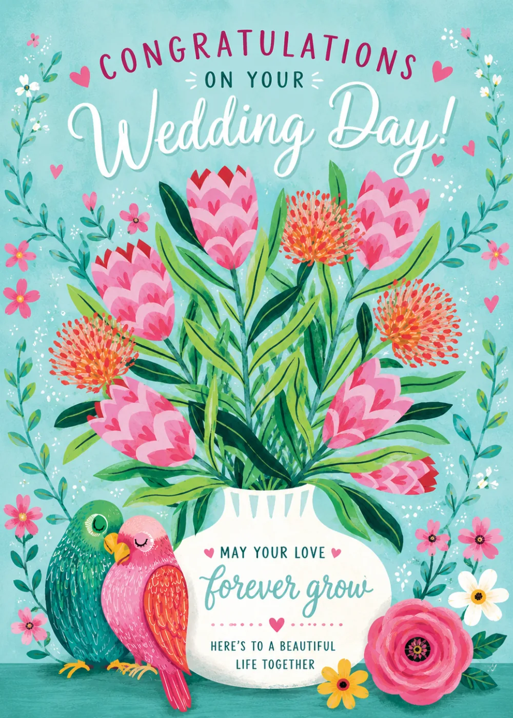 Vase of pink protea flowers on a teal background with two lovebirds, wedding congratulations card