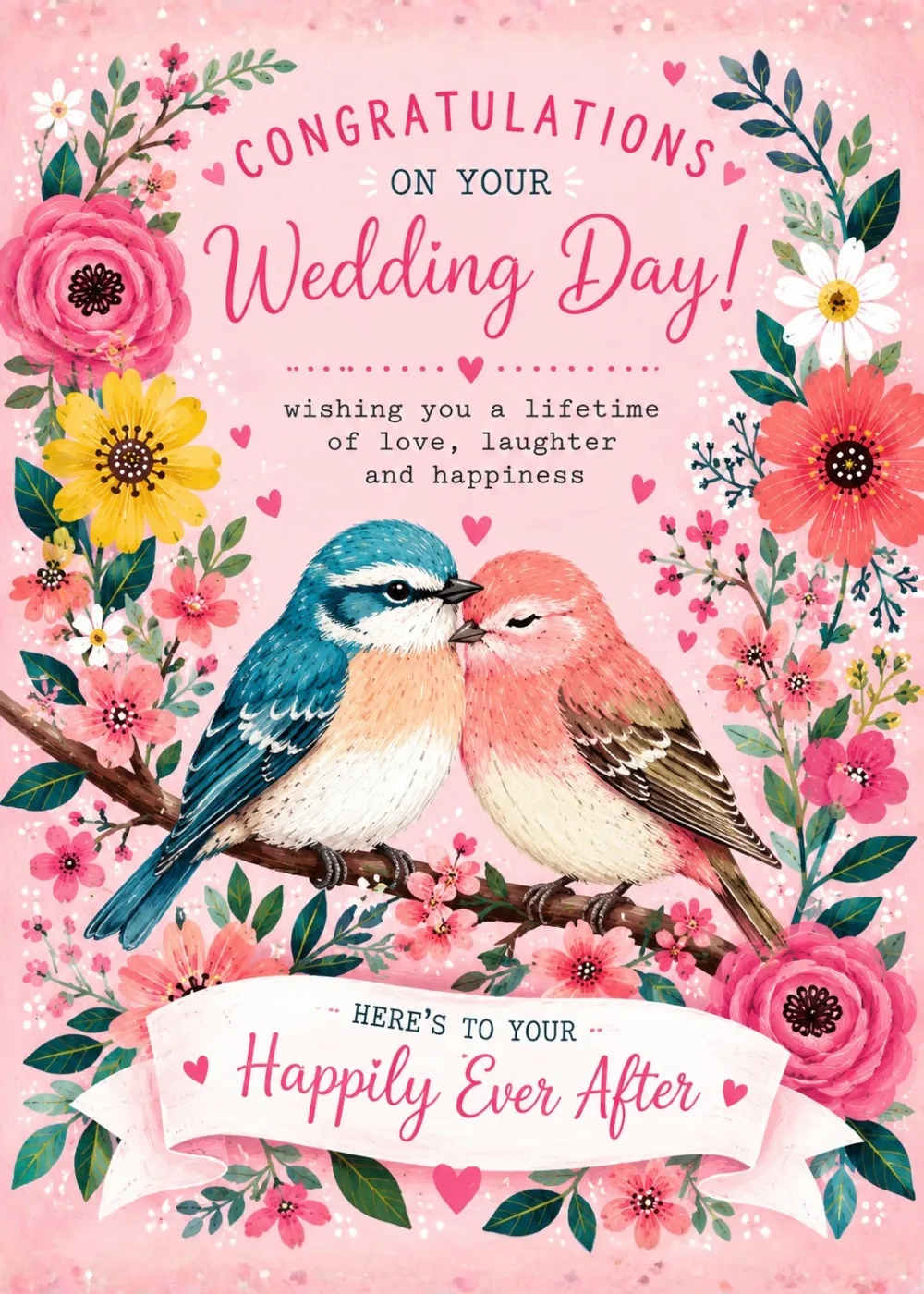 Two lovebirds on a floral branch, pink roses, congratulations on your wedding day card