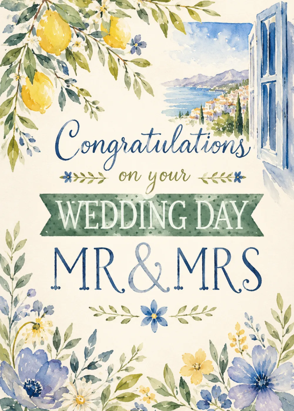 Wedding card with lemon tree, wildflowers, and a Mediterranean coastal view through an open window