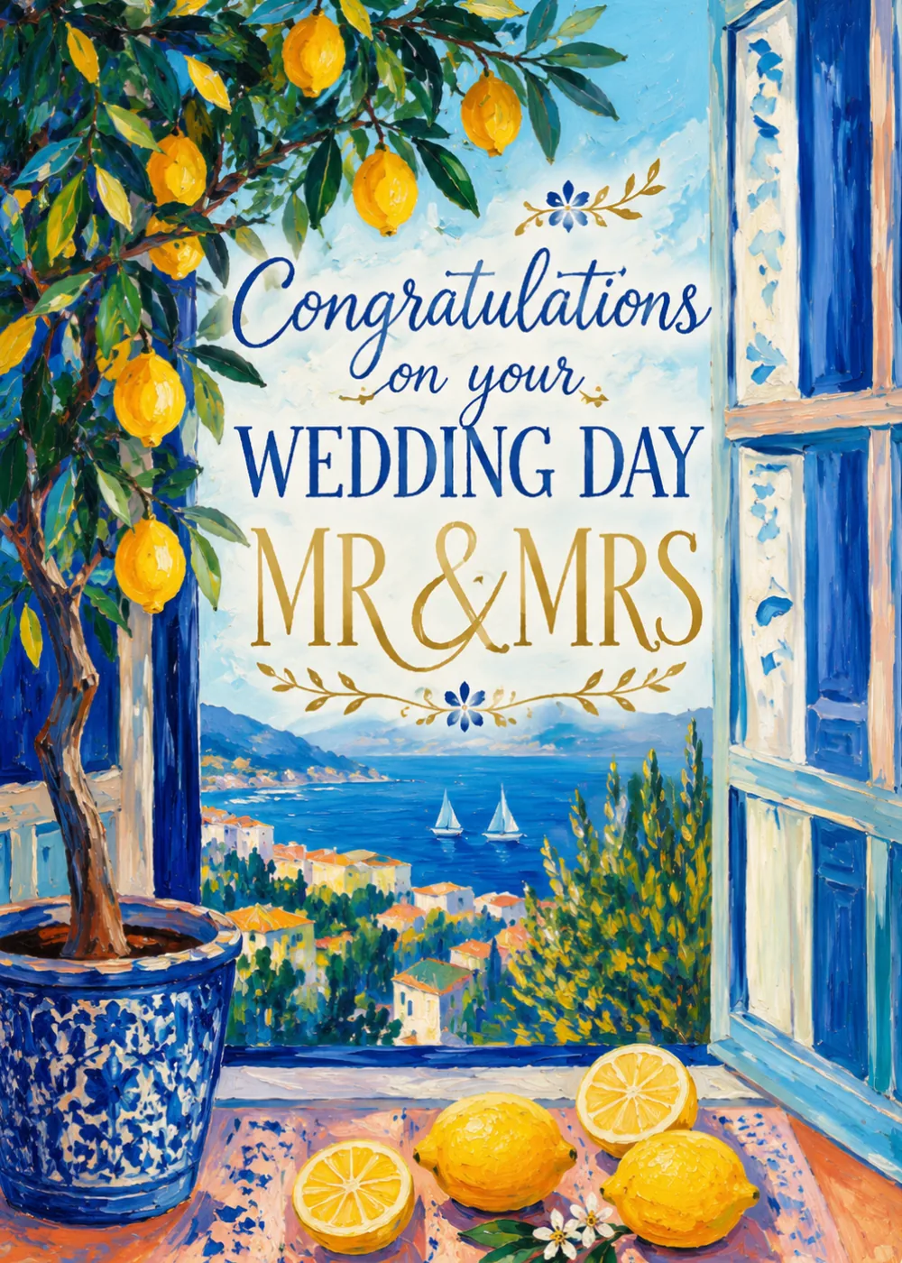 Wedding card with a lemon tree, Mediterranean window, and a sea view in bold painterly colors
