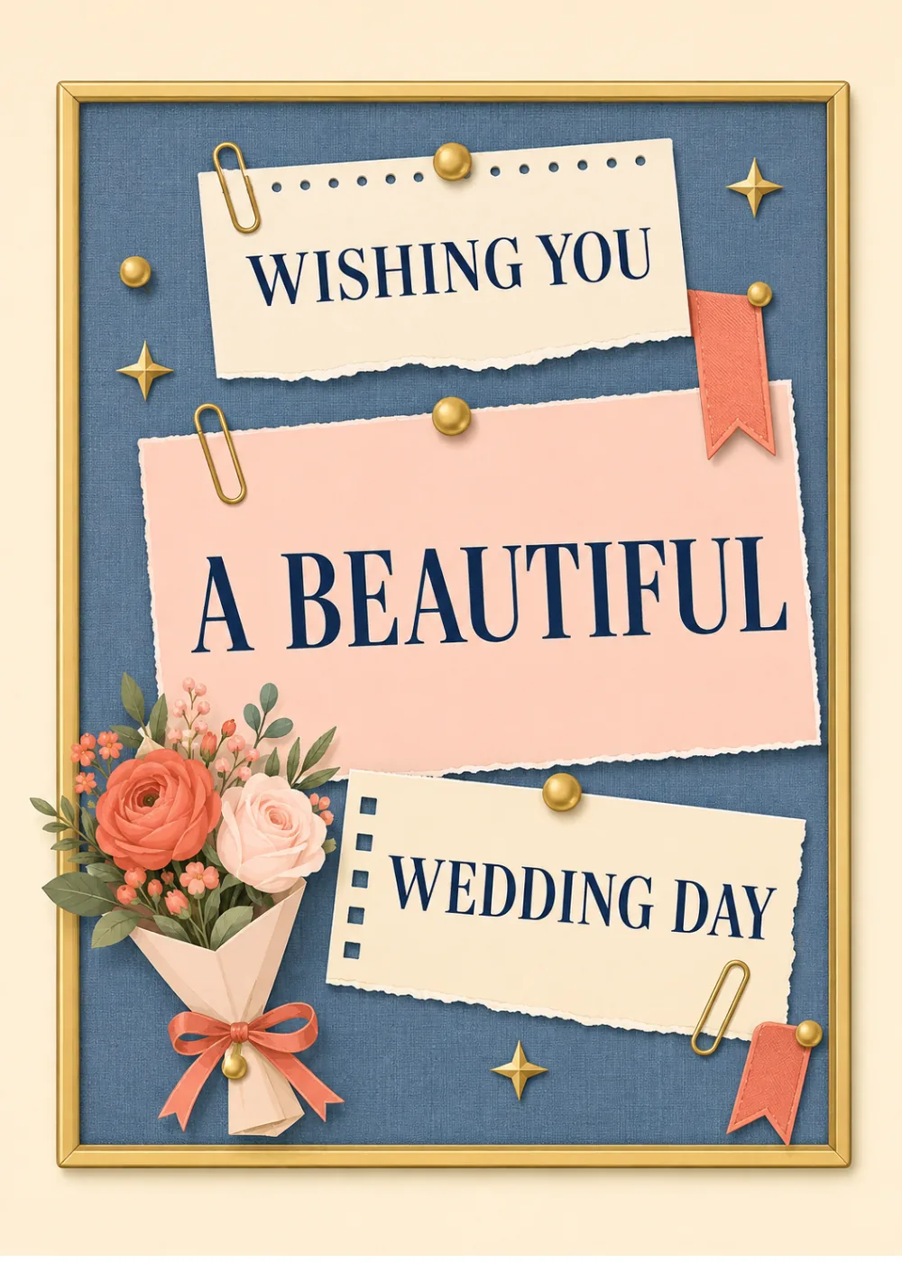 Torn-paper wedding wishes pinned to blue linen with a hand-tied rose bouquet and gold frame Torn-paper wedding wishes pinned to blue linen with a hand-tied rose bouquet and gold frame