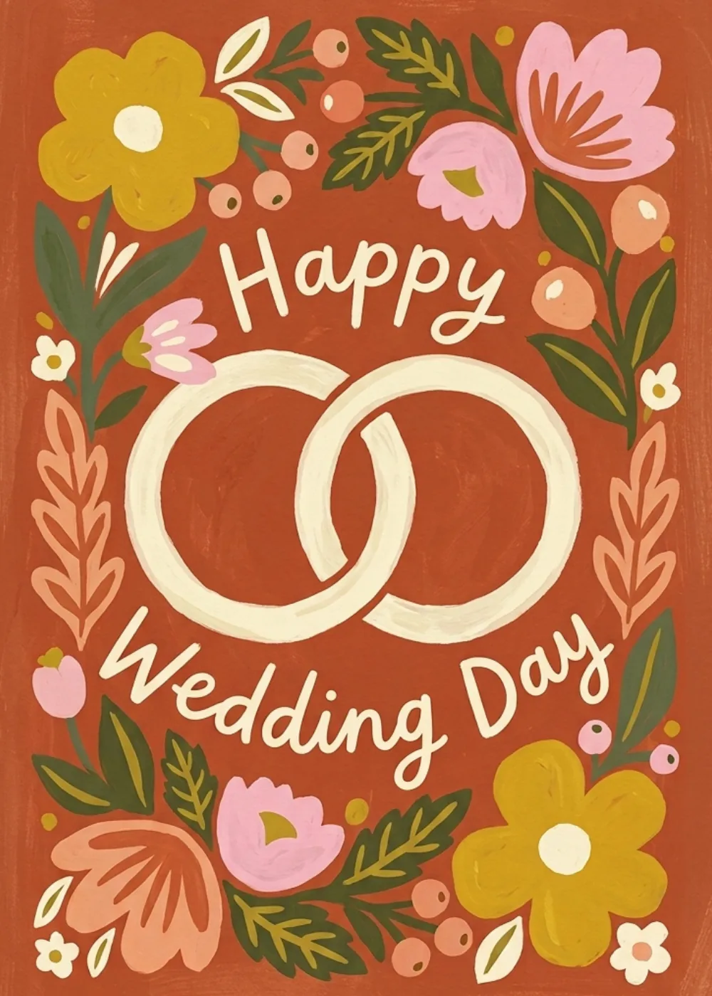 Cream interlocking wedding rings on a warm terracotta background with folk art blooms